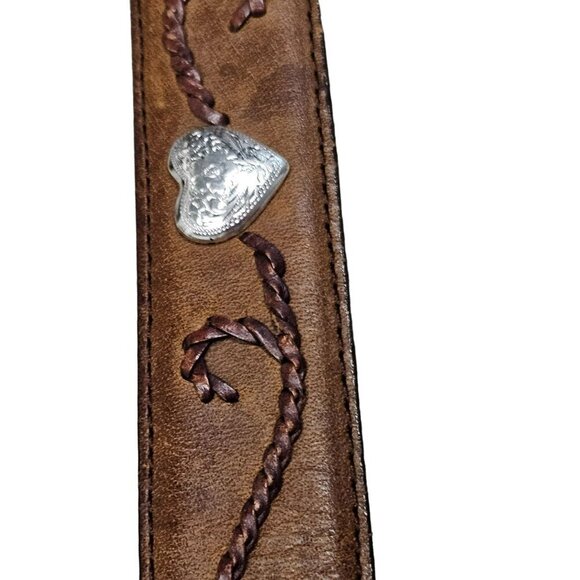 Tony Lama Rustic Leather Belt‎ Embossed Heart Concho Accents Silver Buckle sz 30 - Picture 12 of 14